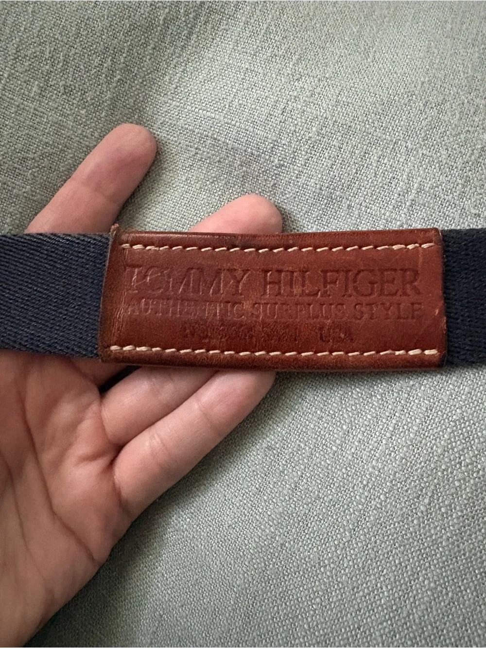 Tommy Hilfiger Vintage Style Belt Men’s Size 38 Navy Brown Leather Brass
